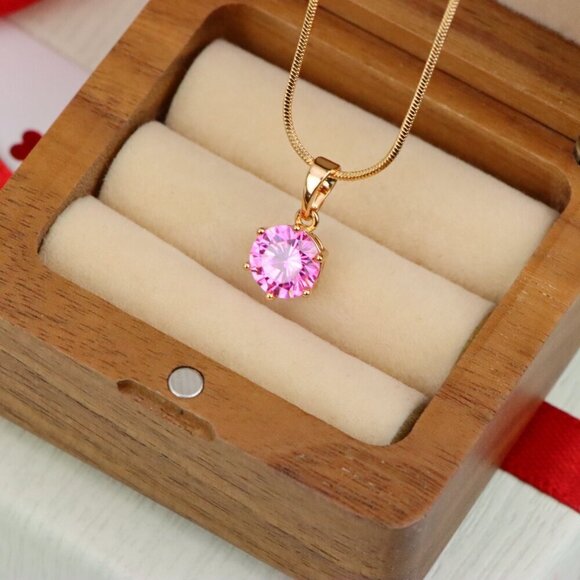 "Sparkling Pink Round Pendant in Gold Finish for Everyday Elegance, XPPT1673 - Picture 5 of 13